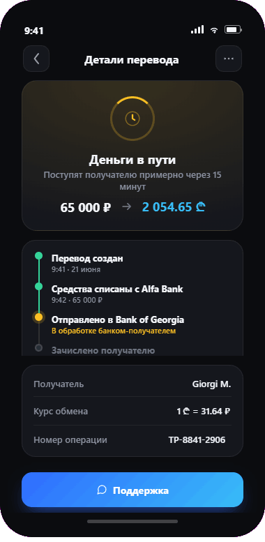 Экран статуса перевода в приложении Teleport